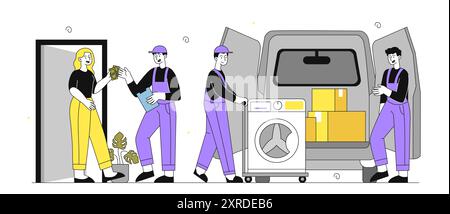 Loaders deliver washing machine. Men in uniform load household appliances and cardboard boxes into truck. Relocation, immigration and relocation Stock Vector