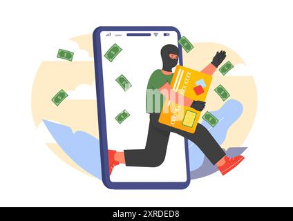 Burglar with bank card. Man in black mask with bank card in hands on smartphone screen. Identity theft in banking application, cyber crime. Flat Stock Vector