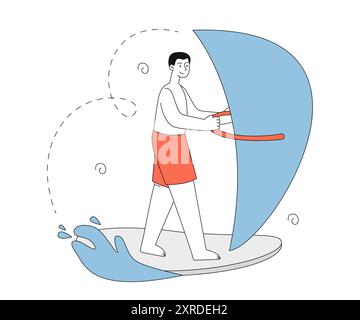 Man on surfboard. Young guy sailing on board with sail. Windsurfing in tropical countries. Active lifestyle and extreme sports. Linear vector Stock Vector