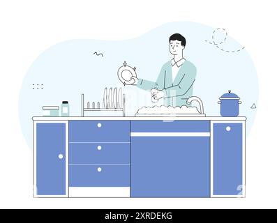 Man washing dishes. Young guy in kitchen wipes dishes. Cleanliness and hygiene at home. Housework, household chores and routine. Linear vector Stock Vector