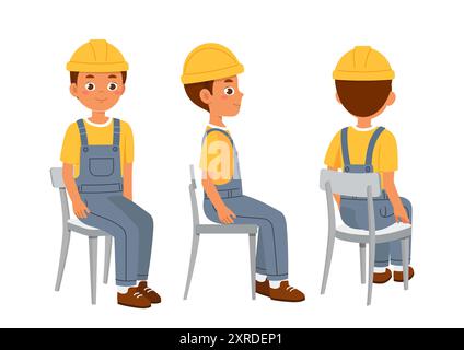 Male worker constructor. Man in hardhat sitting on chair. Kit for creating animations. Pack of character in different poses. Construction and Stock Vector