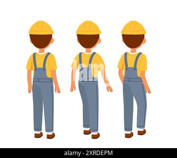 Male worker constructor. Man in protective hardhat back view. Kit for customizations. Pack of character in different poses. Construction and Stock Vector