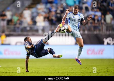 August 09, 2024: Philadelphia Union Midfielder Jose Andres Martinez (8) and CF Montreal Midfielder Samuel Piette (6) battle for the ball during the first half of a Leagues Cup match at Subaru Park in Chester, Pennsylvania. Kyle Rodden/CSM Stock Photo