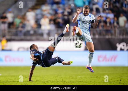 August 09, 2024: Philadelphia Union Midfielder Jose Andres Martinez (8) and CF Montreal Midfielder Samuel Piette (6) battle for the ball during the first half of a Leagues Cup match at Subaru Park in Chester, Pennsylvania. Kyle Rodden/CSM Stock Photo