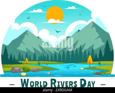 Vector Illustration of a River Landscape with Mountain Views, Green Fields, Trees, and Forests Surrounding the Rivers in a Flat Cartoon Background Stock Vector