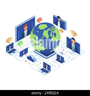 Isometric Global Connectivity with Team Conference Over Internet. Global Remote Team Collaboration Concept Stock Vector
