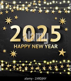 Happy new year 2025. Greeting card with neon garland and golden stars on black background with textured effect. Decoration with colorful twinkles. Stock Vector