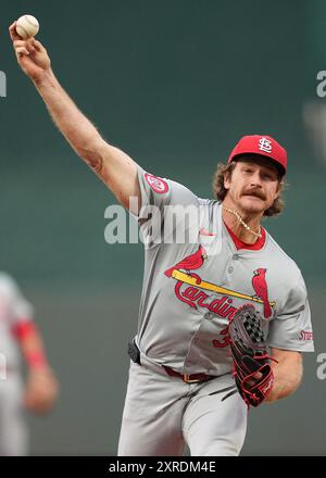 AUG 9, 2024: St. Louis Cardinals pitcher Miles Mikolas (39) delivers a pitch at Kauffman Stadium Kansas City, Missouri. Jon Robichaud/CSM. Stock Photo