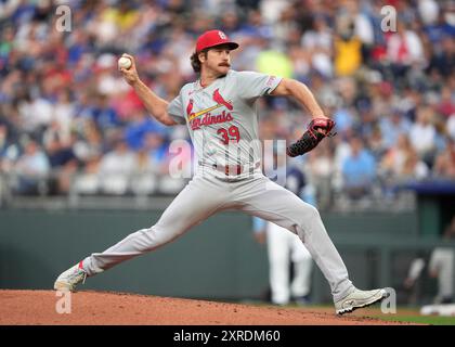 AUG 9, 2024: St. Louis Cardinals pitcher Miles Mikolas (39) pitches in the first inning at Kauffman Stadium Kansas City, Missouri. Jon Robichaud/CSM. Stock Photo