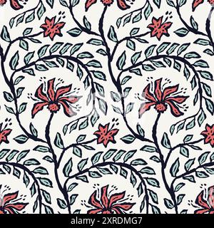 Inky brush strokes floral seamless pattern Stock Vector