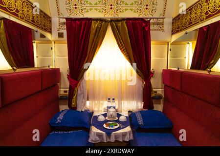 Lux compartment of the Silk Road Orient Express passenger train. Khiva, Uzbekistan - July 17, 2024. Stock Photo