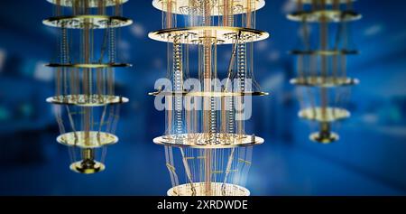 3d rendering group of golden quantum computer machines in laboratory Stock Photo