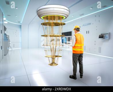 Quantum engineering technology with engineer develop quantum computer machine in laboratory Stock Photo
