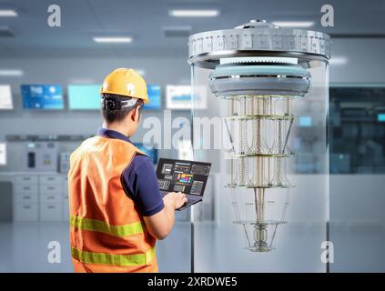 Quantum engineering technology with engineer develop quantum computer machine in shield Stock Photo