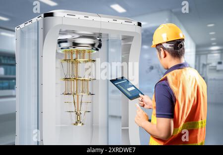 Quantum engineering technology with engineer develop quantum computer machine in shield capsule Stock Photo