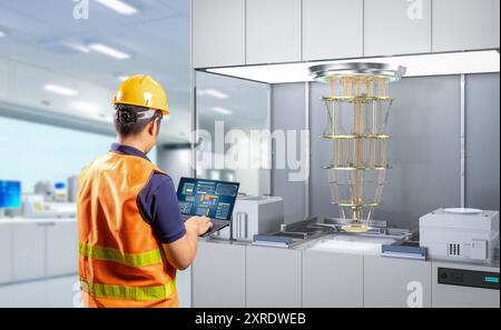 Quantum engineering technology with engineer develop quantum computer machine in shield capsule Stock Photo