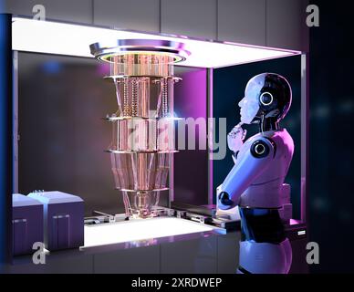 Quantum machine learning technology with 3d rendering cognitive humanoid robot drive quantum machine and algorithms Stock Photo