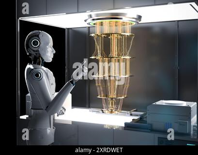 Quantum machine learning technology with 3d rendering cognitive humanoid robot drive quantum machine and algorithms Stock Photo