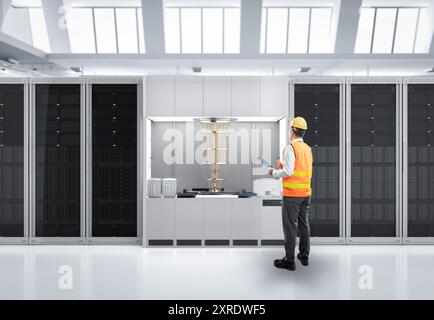 Quantum engineering technology with engineer develop quantum computer machine in shield capsule Stock Photo
