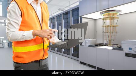 Quantum engineering technology with engineer develop quantum computer machine in shield Stock Photo