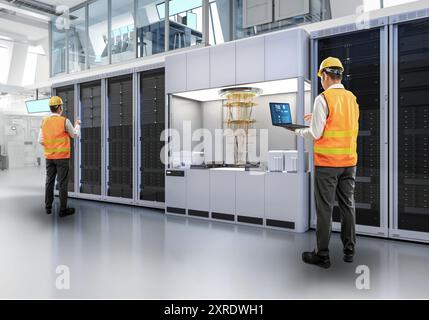 Quantum engineering technology with engineer develop quantum computer machine in shield Stock Photo