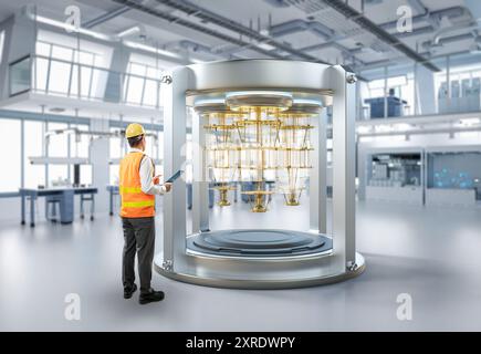 Quantum engineering technology with engineer develop quantum computer machine in shield capsule Stock Photo