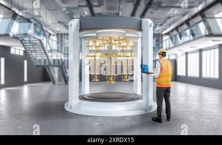 Quantum engineering technology with engineer develop quantum computer machine in shield Stock Photo