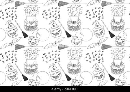 A seamless Halloween-themed coloring page pattern featuring pumpkins, cauldrons, bats, and witch hats. Perfect for festive coloring activities. Stock Vector