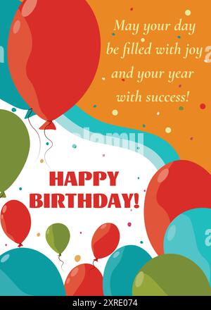 Birthday greeting card. Bright card with balloons and congratulatory text Stock Vector
