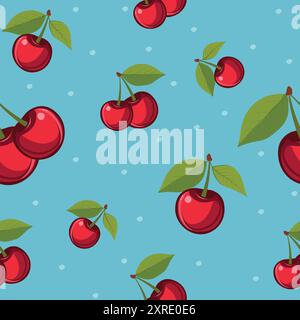Seamless pattern with cherries. Cherry pattern for printing. Ripe cherries on a blue background. Cherry printable pattern Stock Vector