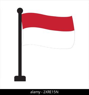 Indonesian Flag with Pole, illustration of the Indonesian flag waving, featuring the red and white colors on a black flagpole. Stock Vector
