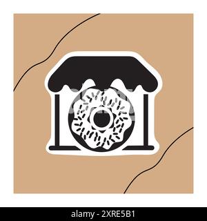 House donut logo design. A minimalist logo of a donut within a storefront, perfect for bakeries, donut shops, or dessert brands. The black and white Stock Vector