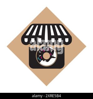 House donut logo design. A minimalist logo of a donut within a storefront, perfect for bakeries, donut shops, or dessert brands. The black and white Stock Vector