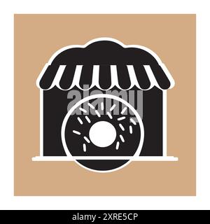 House donut logo design. A minimalist logo of a donut within a storefront, perfect for bakeries, donut shops, or dessert brands. The black and white Stock Vector