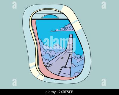 View from the window of an airplane wing and clouds. Organizing a trip to another country. Safe, fast and high-quality flights in the sky. Pop Art Ret Stock Vector