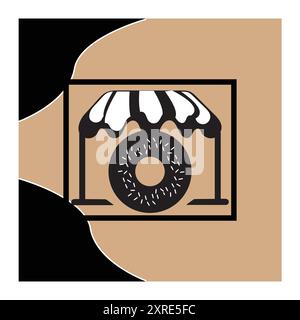 House donut logo design. A minimalist logo of a donut within a storefront, perfect for bakeries, donut shops, or dessert brands. The black and white Stock Vector