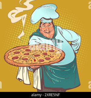Male chef elegantly serves delicious finished pizza. Appetizing fast food in a restaurant. An excellent chef prepares Italian cuisine. Stock Vector