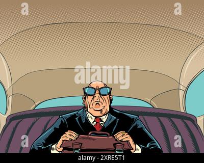 An important male businessman in glasses is driving in a car. A serious boss gets to work. VIP client and his safety. Stock Vector