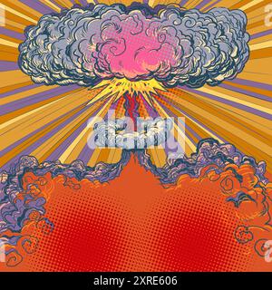 A huge fiery explosion with a cloud of ash. An incredible offer for clients. Multicolored explosion effect. Pop Art Retro Vector Illustration Kitsch V Stock Vector