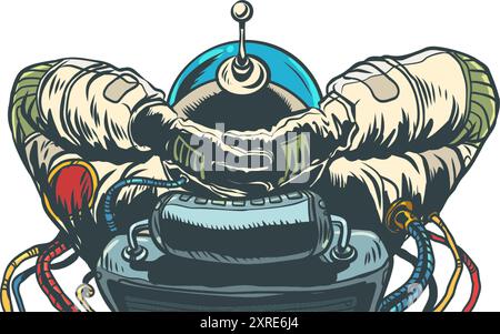 The astronaut looks with his hands behind his head. Relax in any situation. Watch the starry sky. Stock Vector
