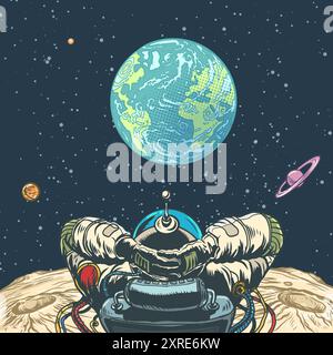 The astronaut looks at planet earth with his hands behind his head. Relax in space. Observe the universe and stars. Stock Vector