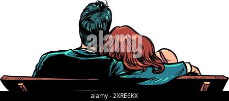 A couple of a man and a woman are sitting on a bench. Lovers together next to each other. Love is stronger than anything. Pop Art Retro Vector Illustr Stock Vector