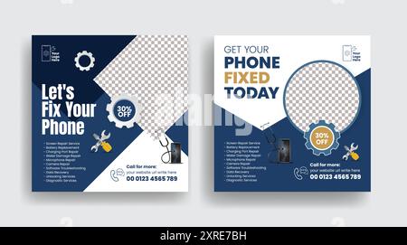 Gadget Repairing service and tech maintenance workshop Social media posts, ads, banner template design set Stock Vector
