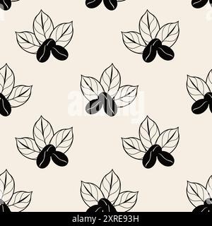 Pattern coffee beans on coffee leaves, doodle stylized contour drawing. Vector illustration Stock Vector