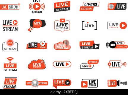 Live stream button icon set in flat style. Webinar vector illustration on isolated background. Streaming sign business concept. Stock Vector