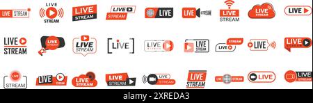 Live stream button icon set in flat style. Webinar vector illustration on isolated background. Streaming sign business concept. Stock Vector