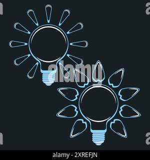 Set of color illustrations with light bulbs, rays and leaves, green energy, solar. Isolated vector objects on black background. Stock Vector
