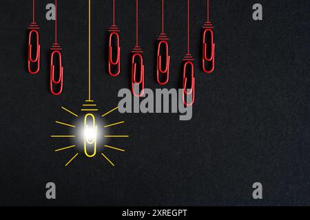 innovation concept with paperclips,thinking,creativity,light bulb on dark background,business and society concept.Free copy space. Stock Photo