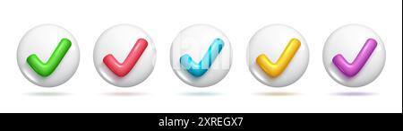 3d realistic check mark icons in different colours. Sets of check correct right icons. 3d Sets of Vector Elements. Stock Vector