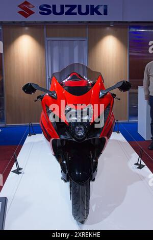 Pasila, Helsinki, Finland – February 3, 2024: Suzuki 2024 Hayabusa 25th Anniversary Edition motorcycle on display at MP 24 Motorcycle fair. Stock Photo